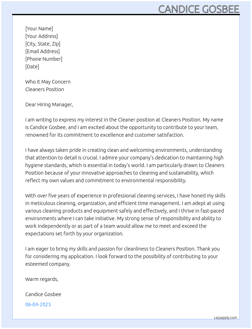 Cleaner At Cleaners position Cover Letter