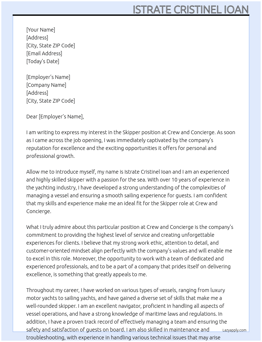 Skipper At Crew and Concierge Cover Letter