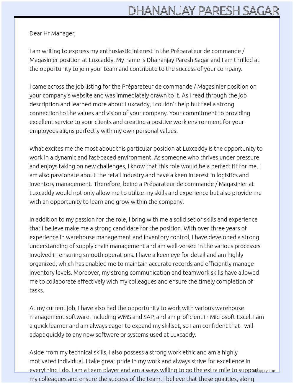 Préparateur de commande / Magasinier  At Luxcaddy Cover Letter