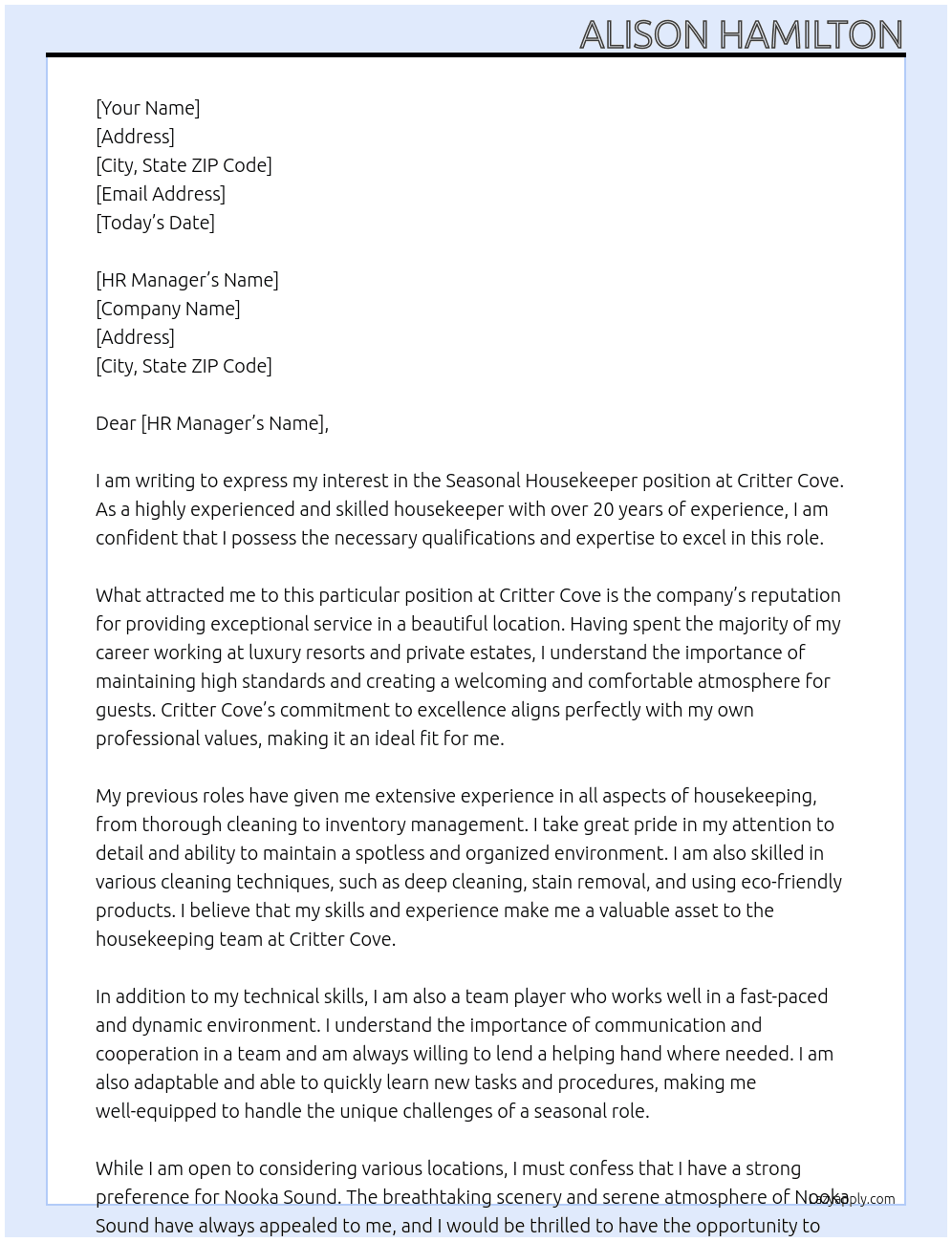 Seasonal Housekeeper  At Critter Cove Cover Letter