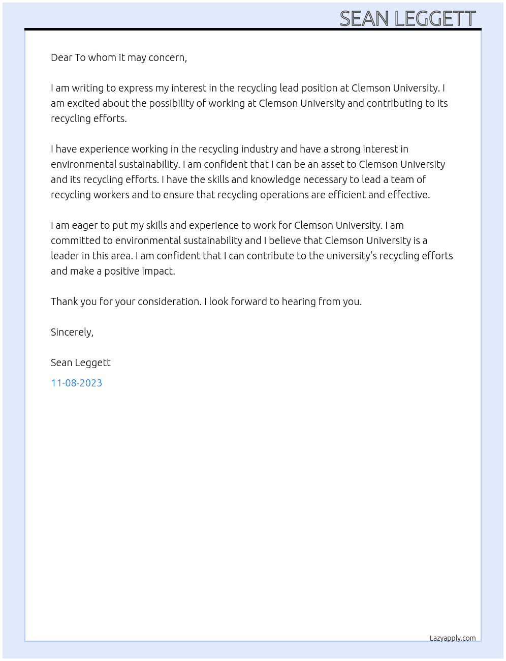 Recycling lead  At Clemson university  Cover Letter