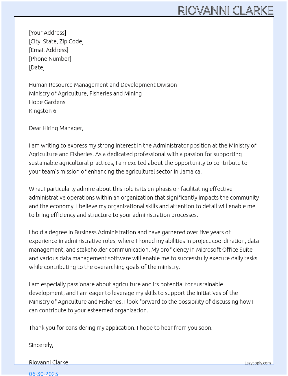 Administrator  At Ministry of Agriculture and Fisheries Cover Letter
