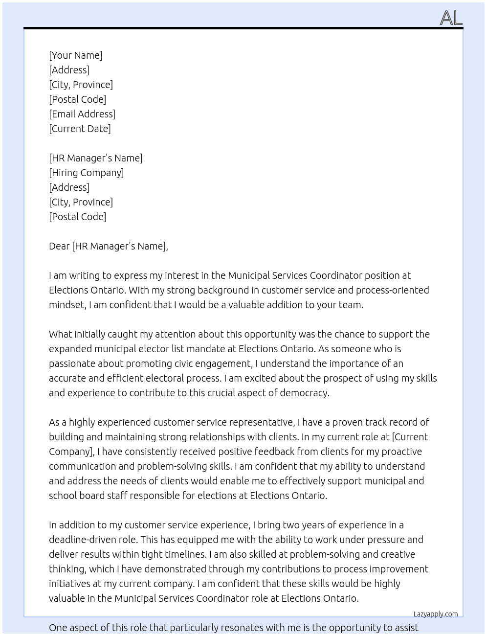 Municipal Services Coordinator  At Elections Ontario Cover Letter