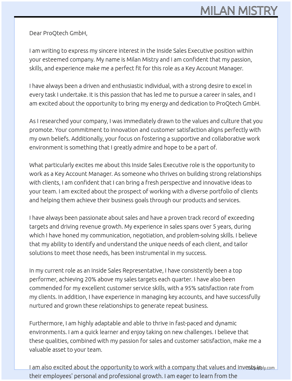 Inside Sales Executive At Key Account Manager Cover Letter