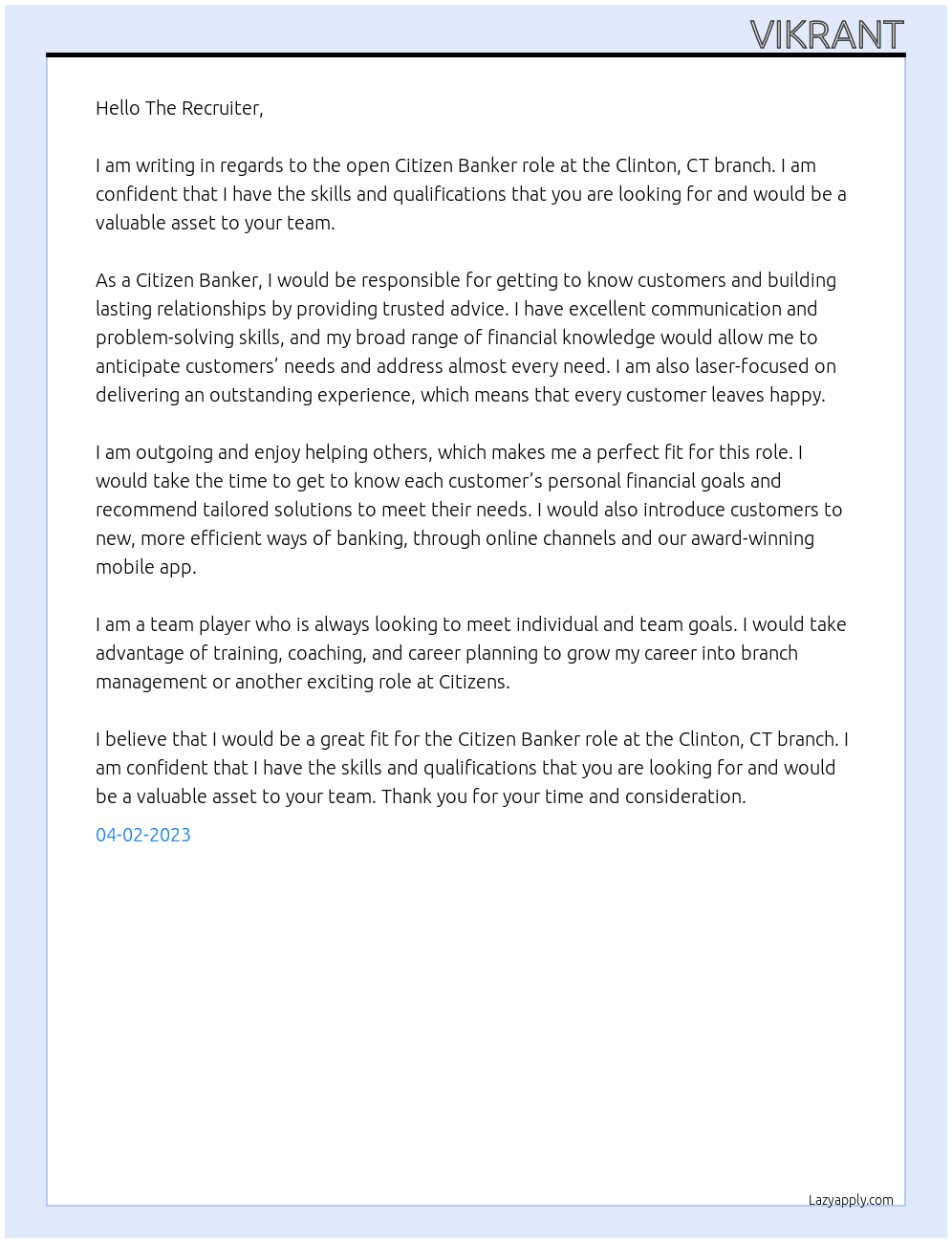 Banker At Citizen Cover Letter