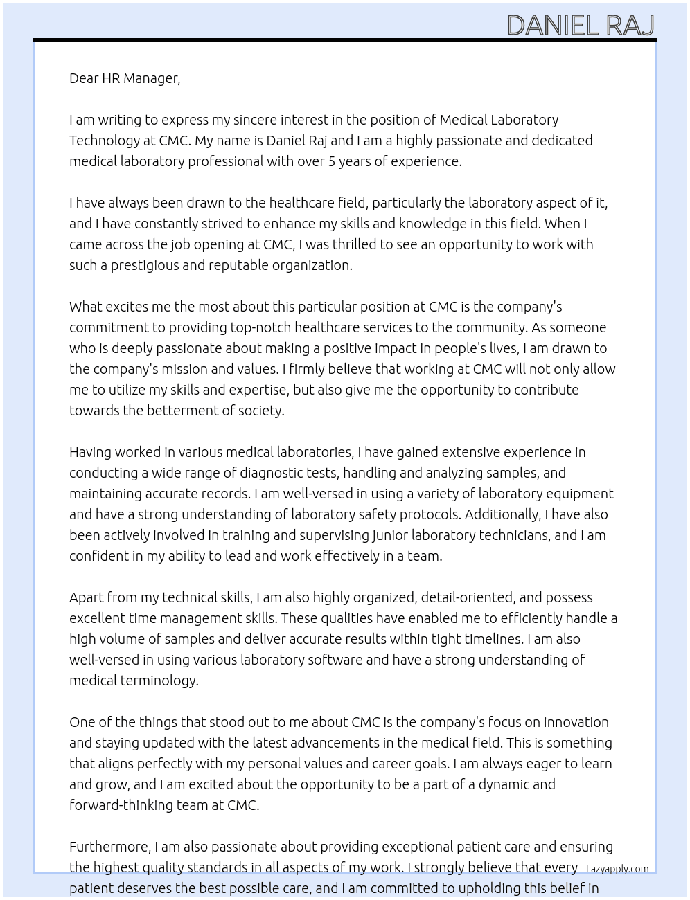 medical laboratory technology At cmc Cover Letter