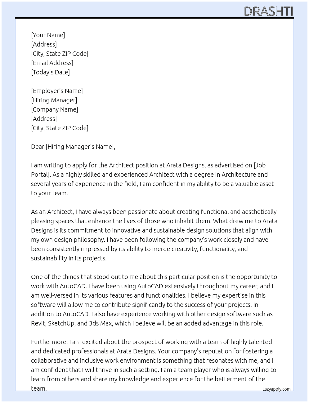 Architect At Arata designs  Cover Letter