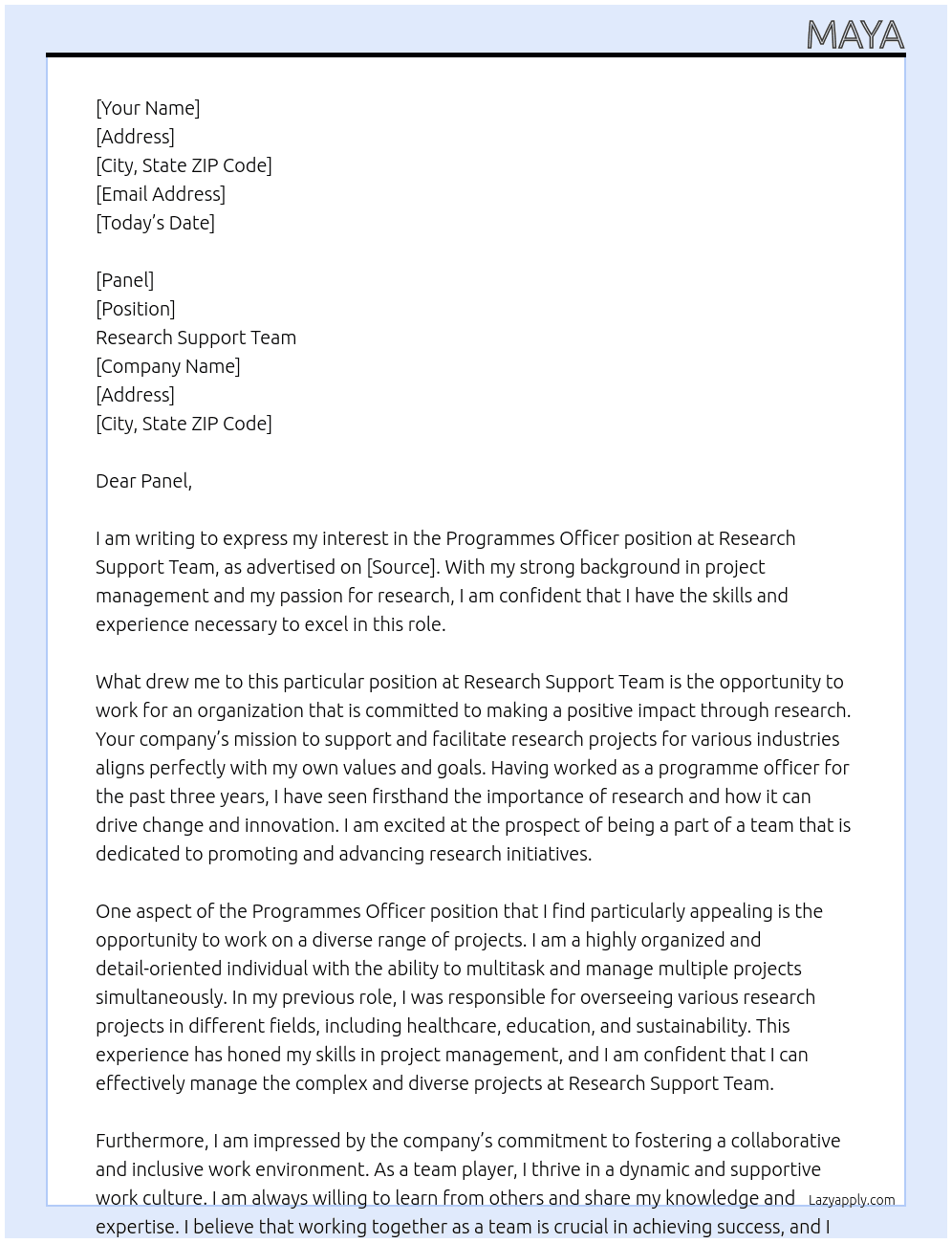 Programmes officer At Research Support Team Cover Letter