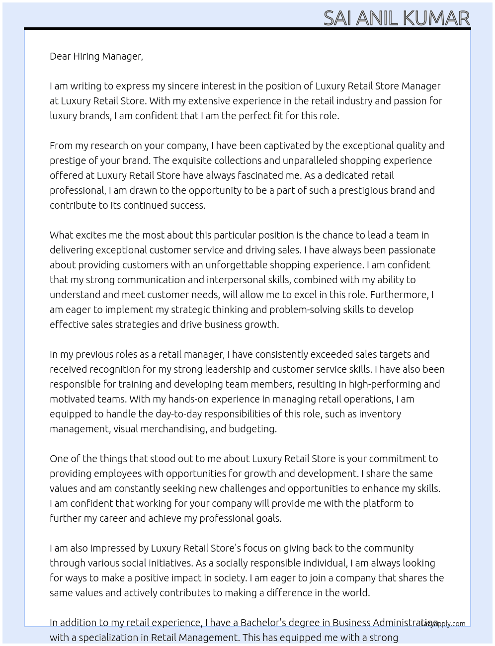 Luxury Retail Store Manager At Luxury Retail Store Cover Letter