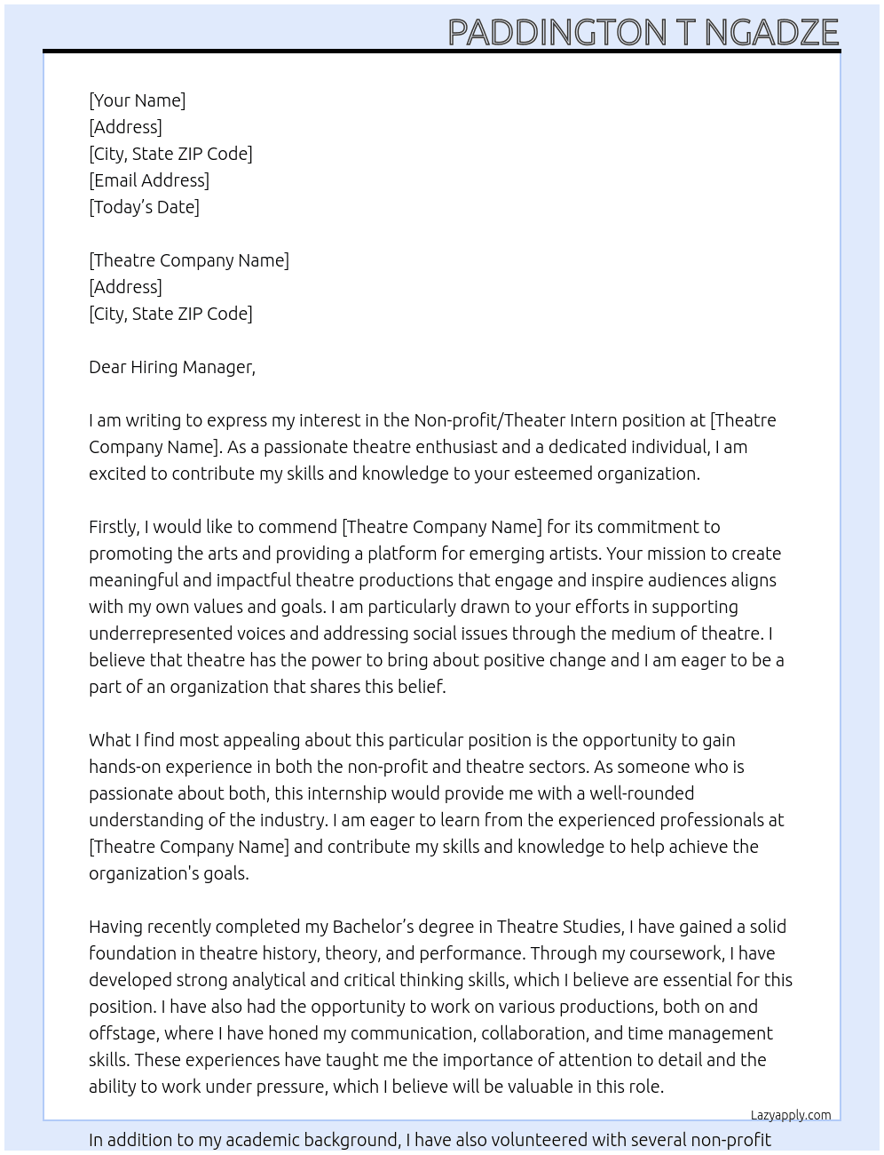 Non-Profit / Theater Intern At Theatre company Cover Letter