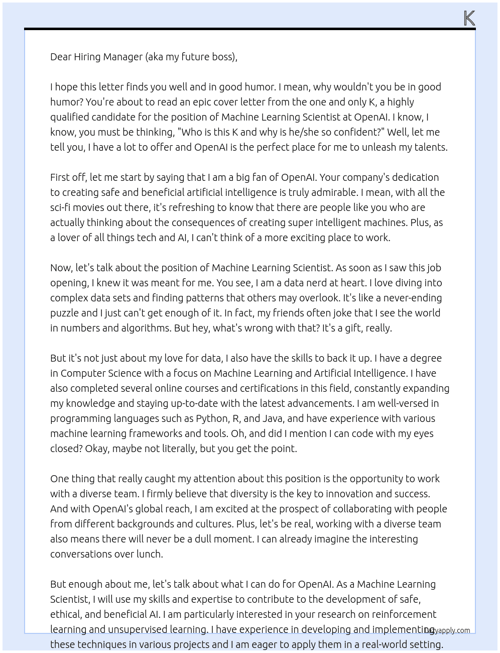 machine learning scientist At openAI Cover Letter