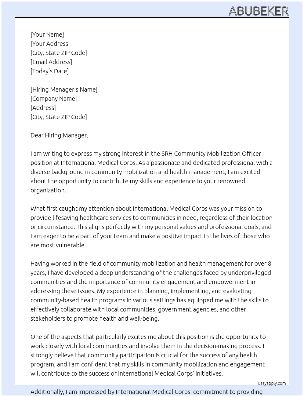 SRH Community mobilization office At International medical crops Cover Letter