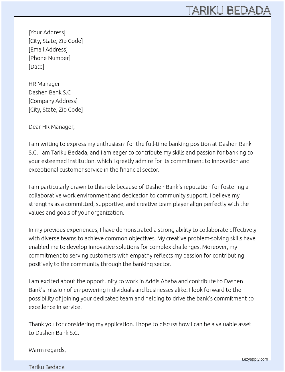 Banking Jobs At Dashen Bank S.C Cover Letter