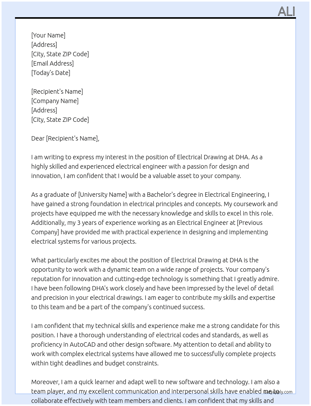 electrical drawaing At dha Cover Letter