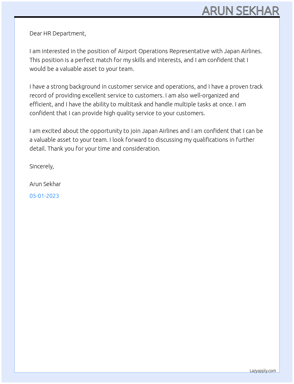 Airport Operations Representative At Japan Airlines Cover Letter