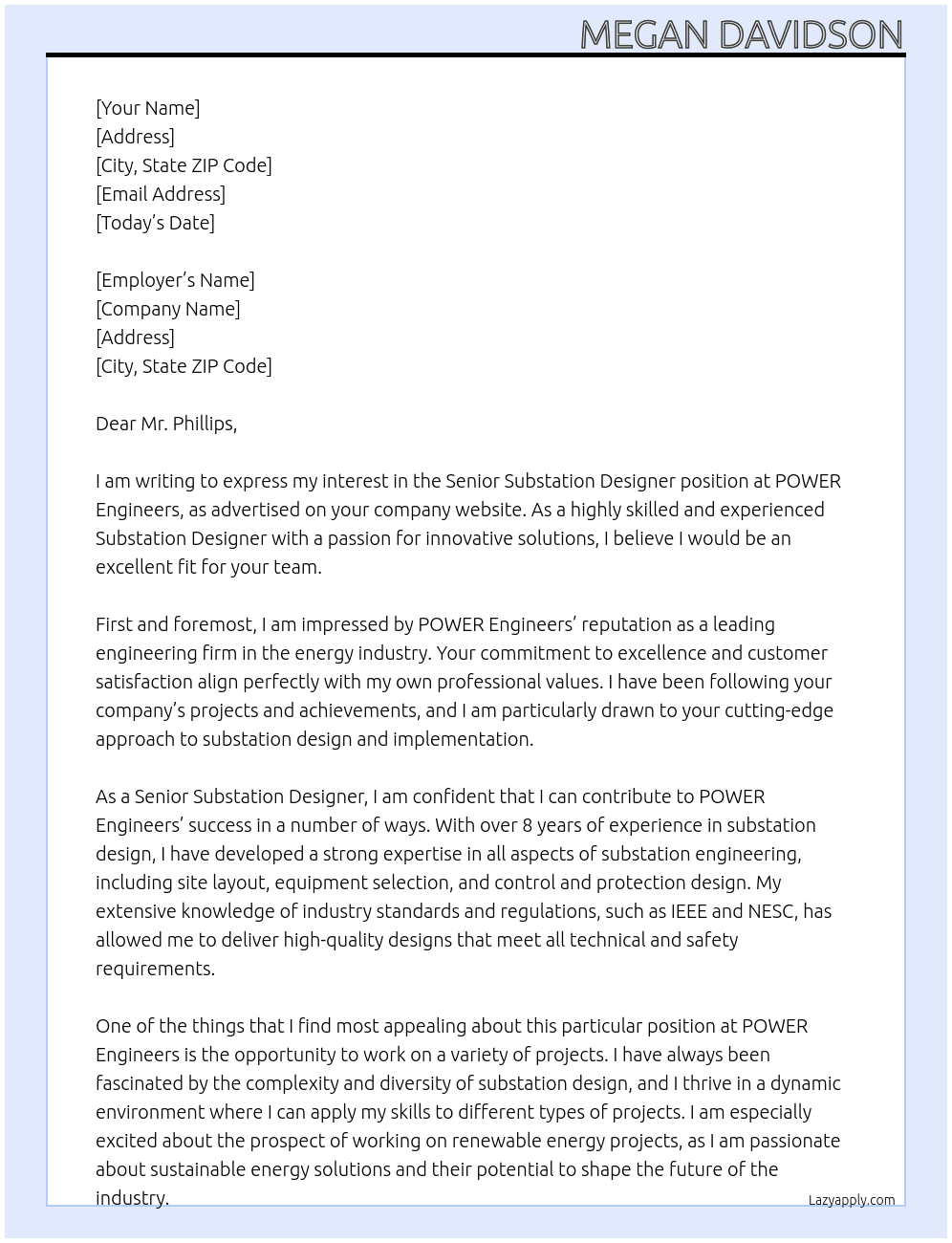 Senior Substation Designer At POWER Engineers Cover Letter