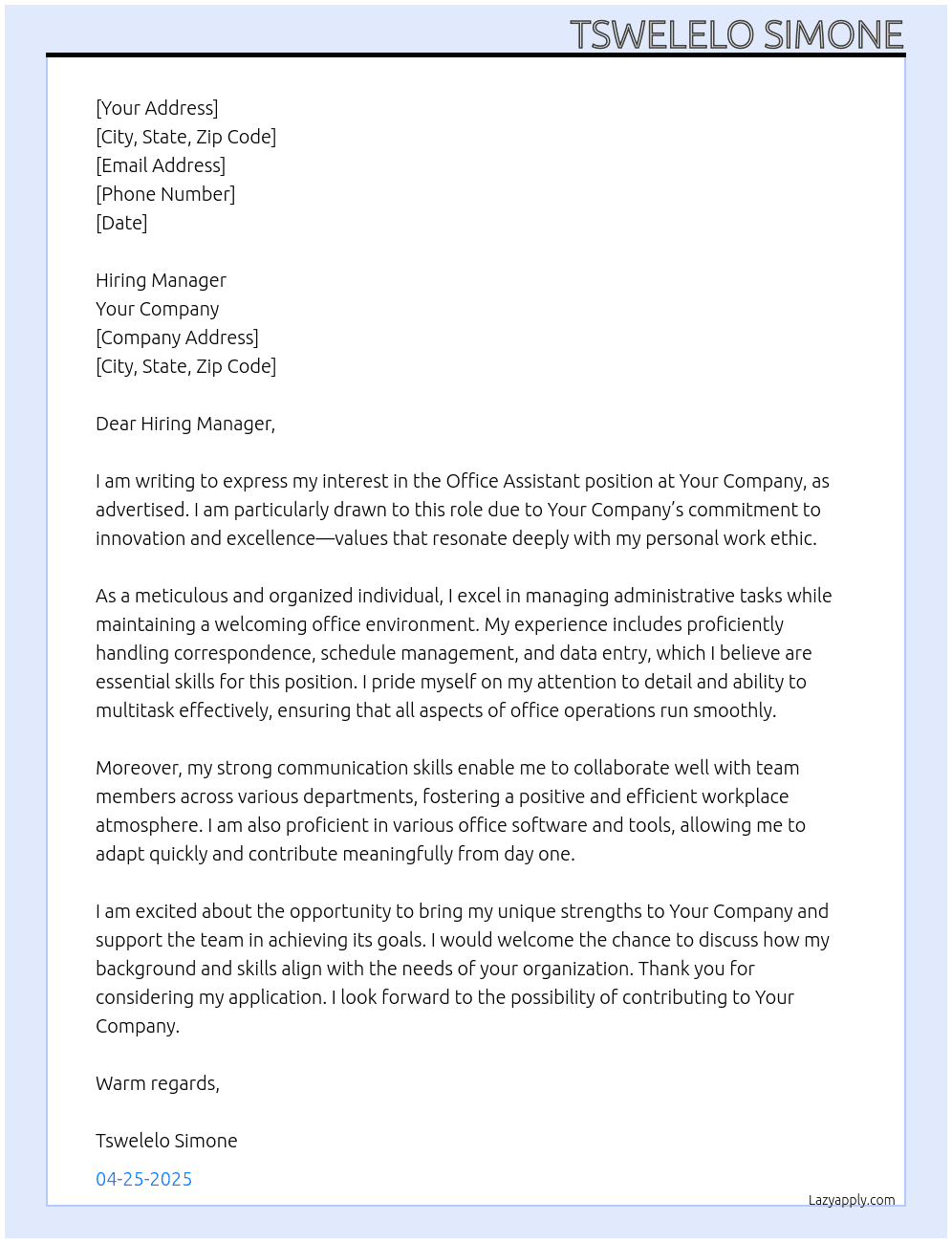 Office assistant  At Your company  Cover Letter