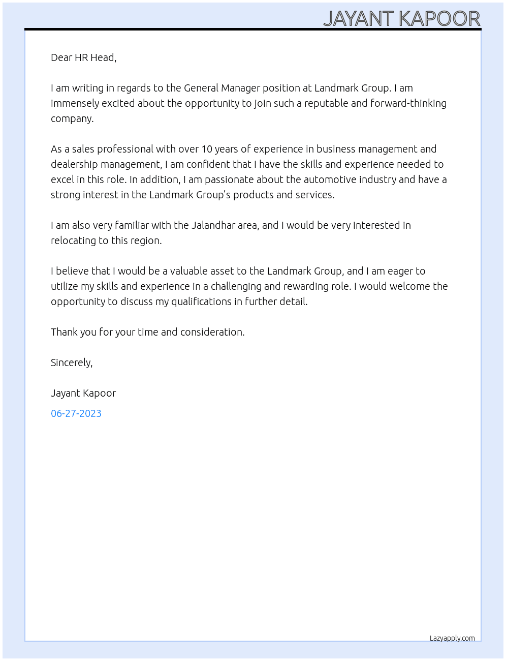 General Manager  At Landmark Group Cover Letter