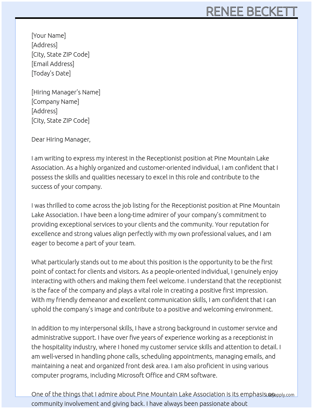Receptionist At Pine Mountain Lake association Cover Letter