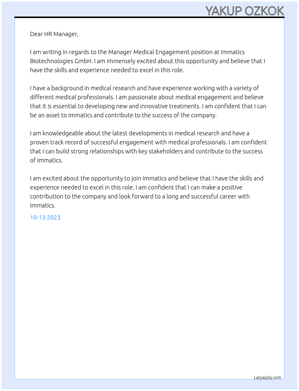 	 Manager Medical Engagement At Immatics Biotechnologies GmbH Cover Letter