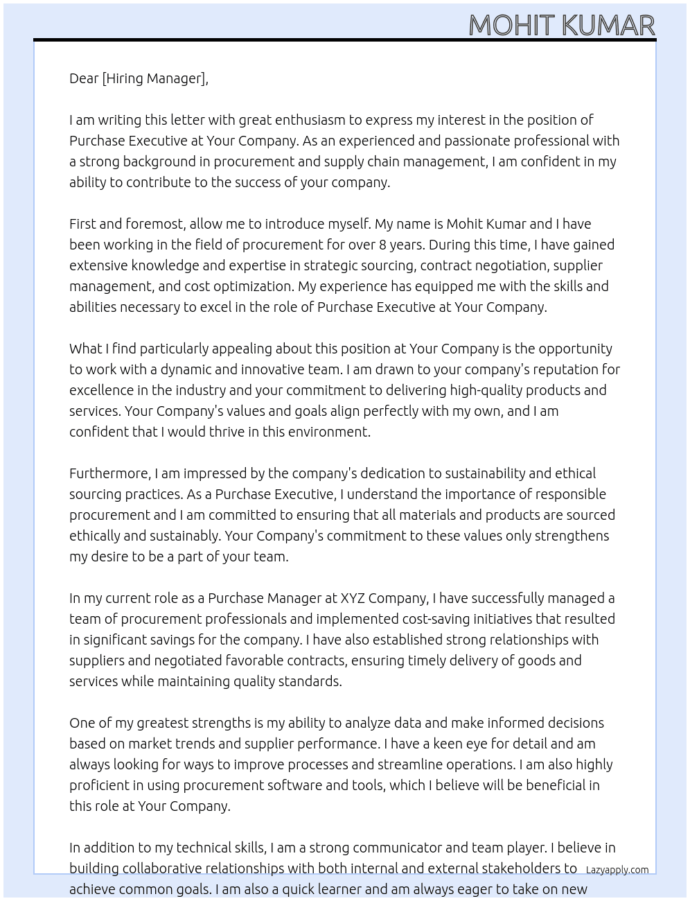 Purchase Executive At Your company Cover Letter