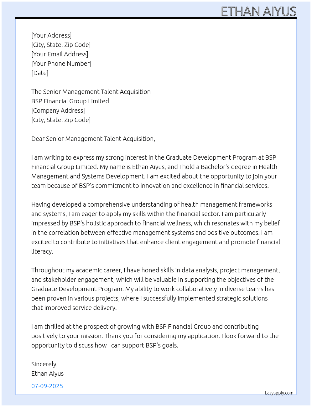 graduate development program  At BSP Financial Group Limited Cover Letter