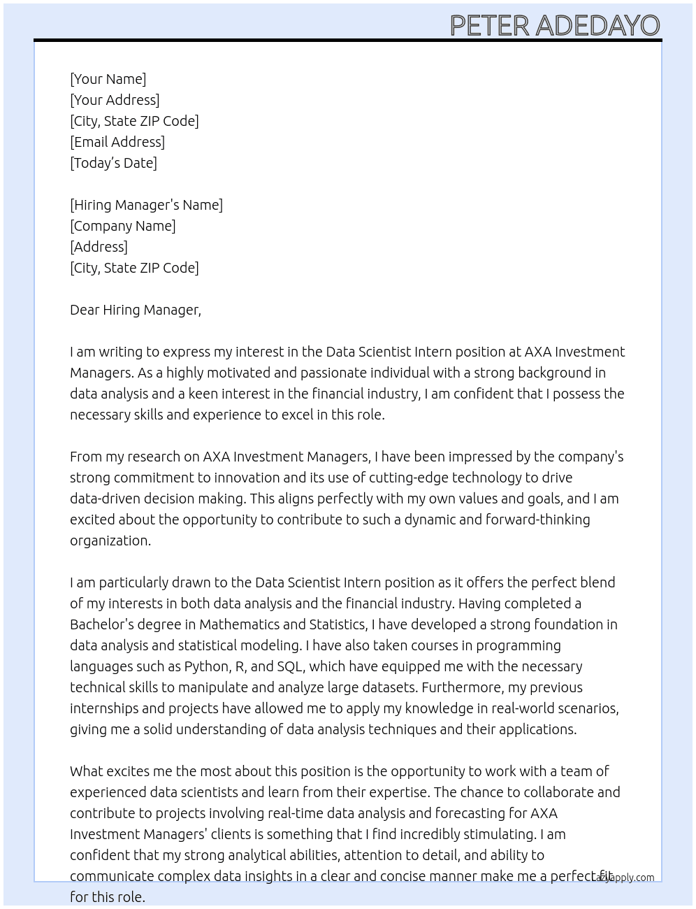 Data scientist Intern At AXA Investment Managers Cover Letter