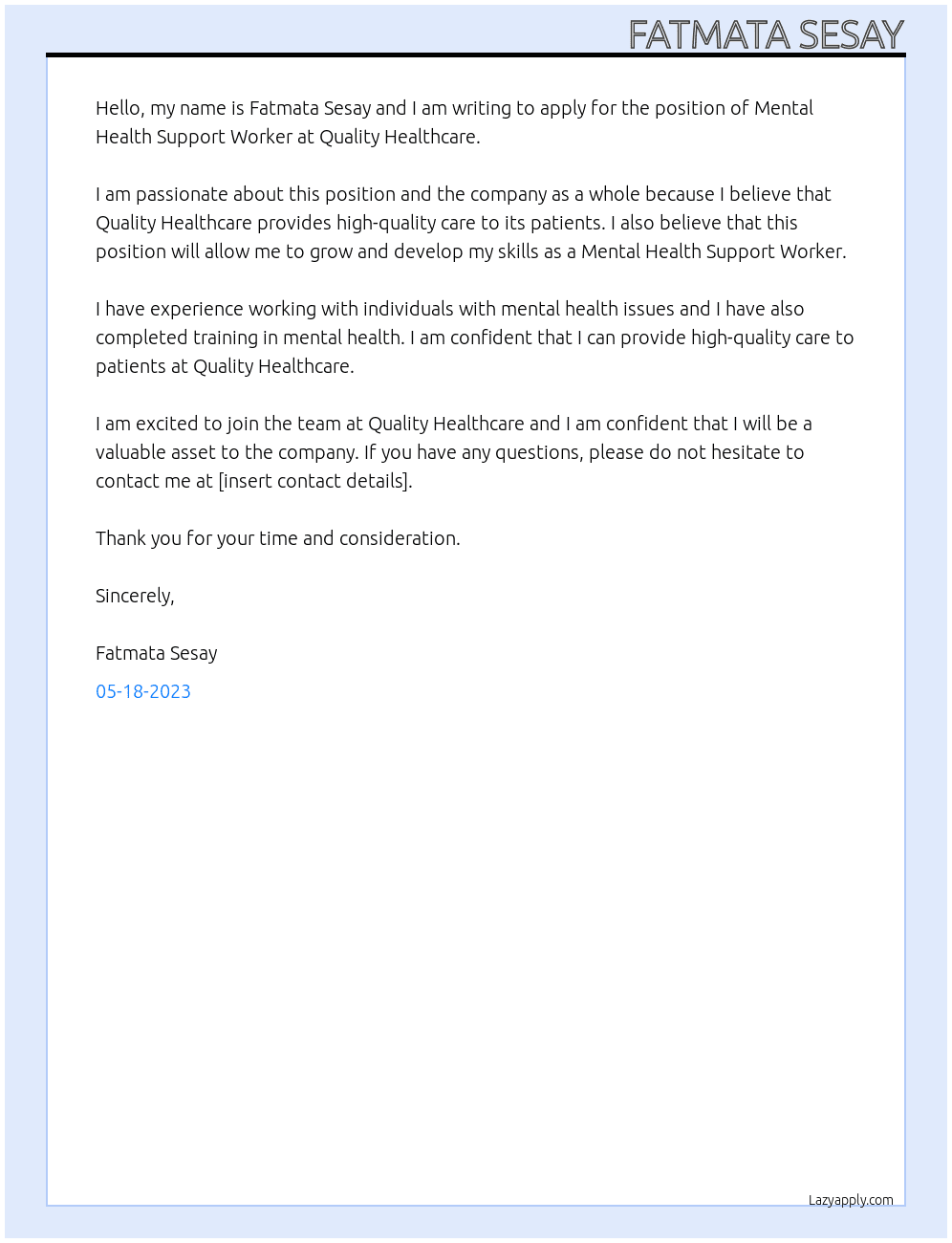 Mental Health Support Worker At Quality Healthcare Cover Letter