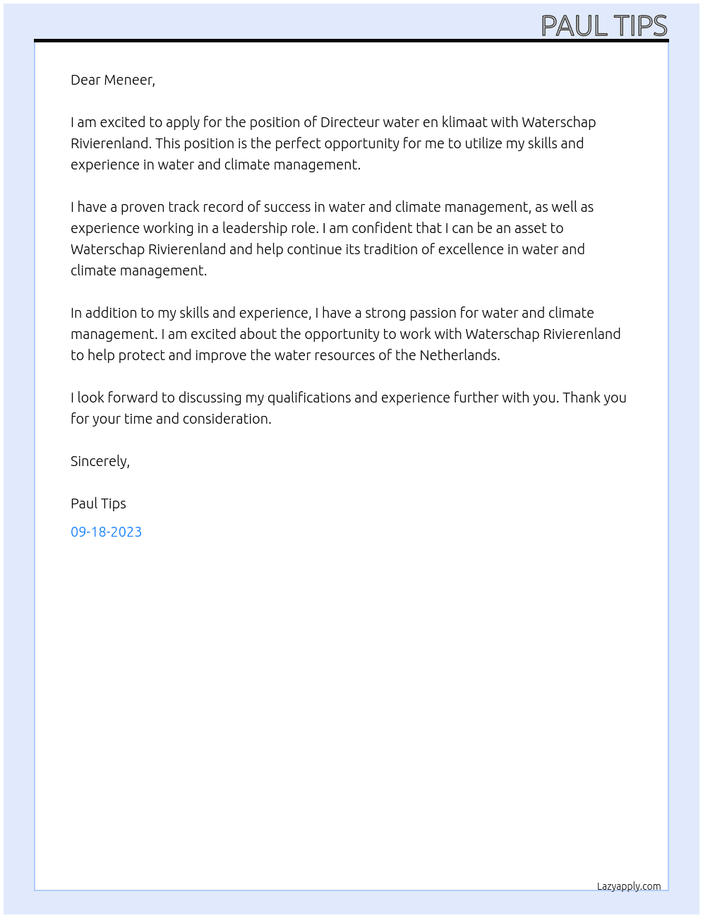 Directeur water en klimaat At Waterschap Rivierenland Cover Letter