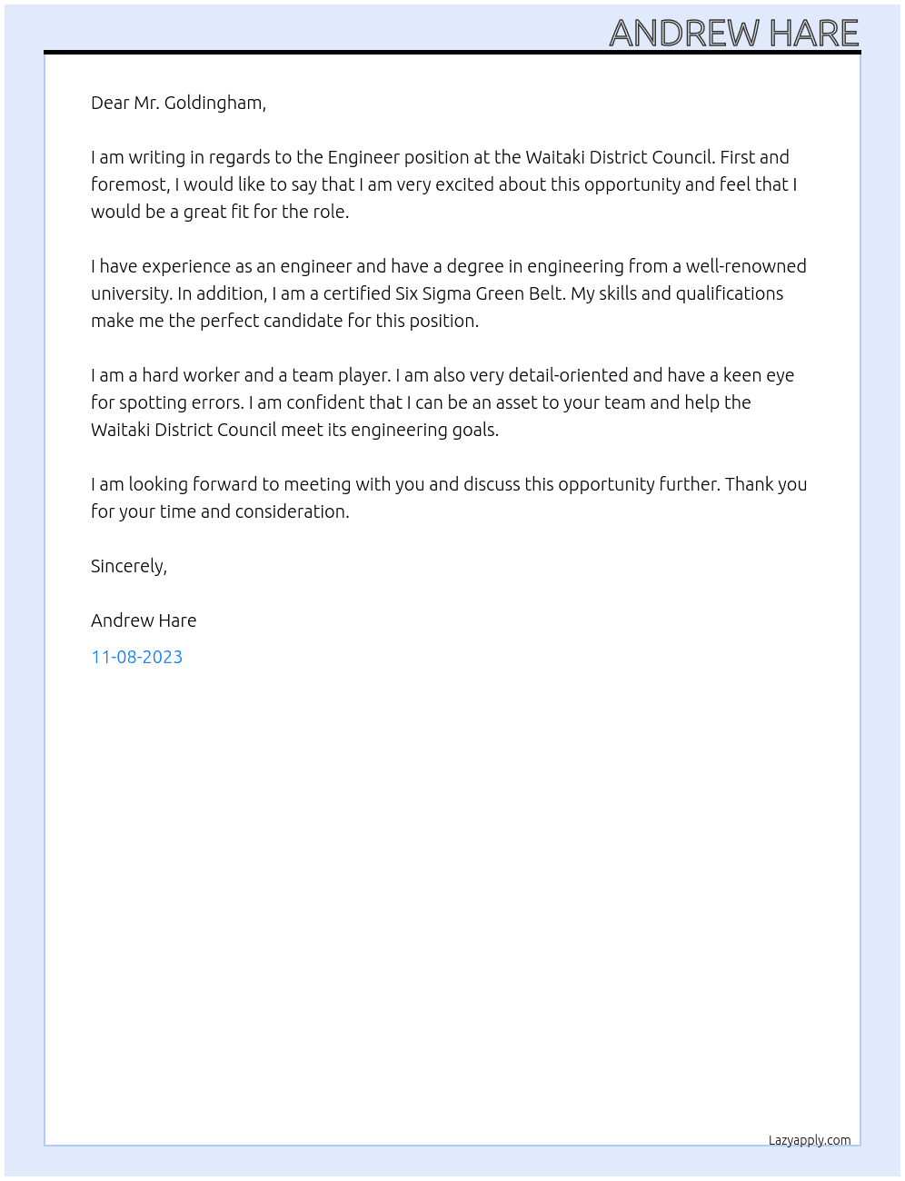 Engineer At Waitaki District Council Cover Letter