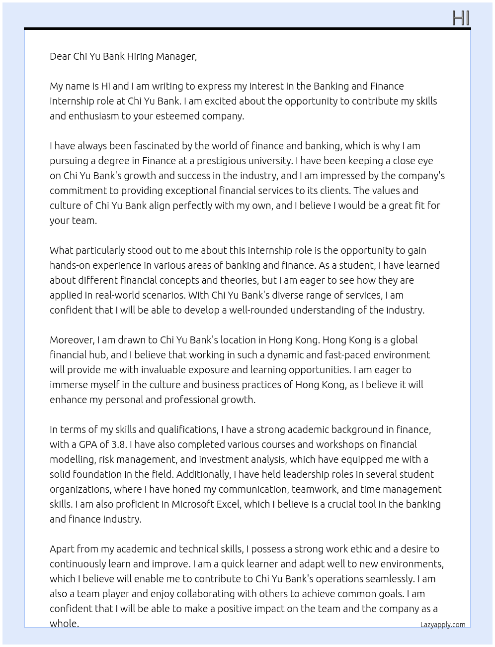 Banking and finance At Chi yu bank Cover Letter