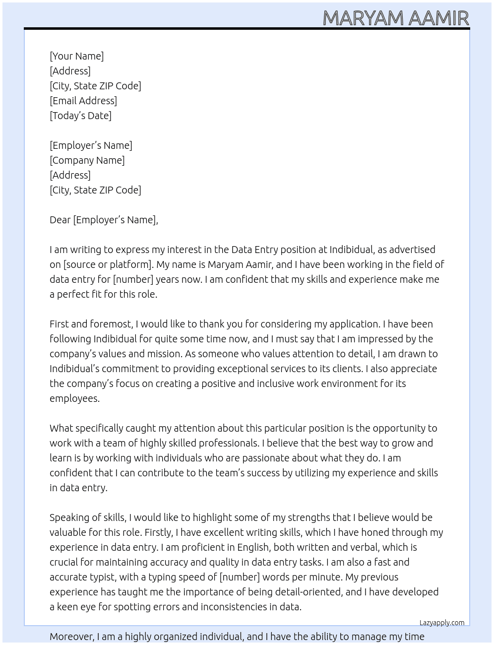 Data entry At Indibidual Cover Letter