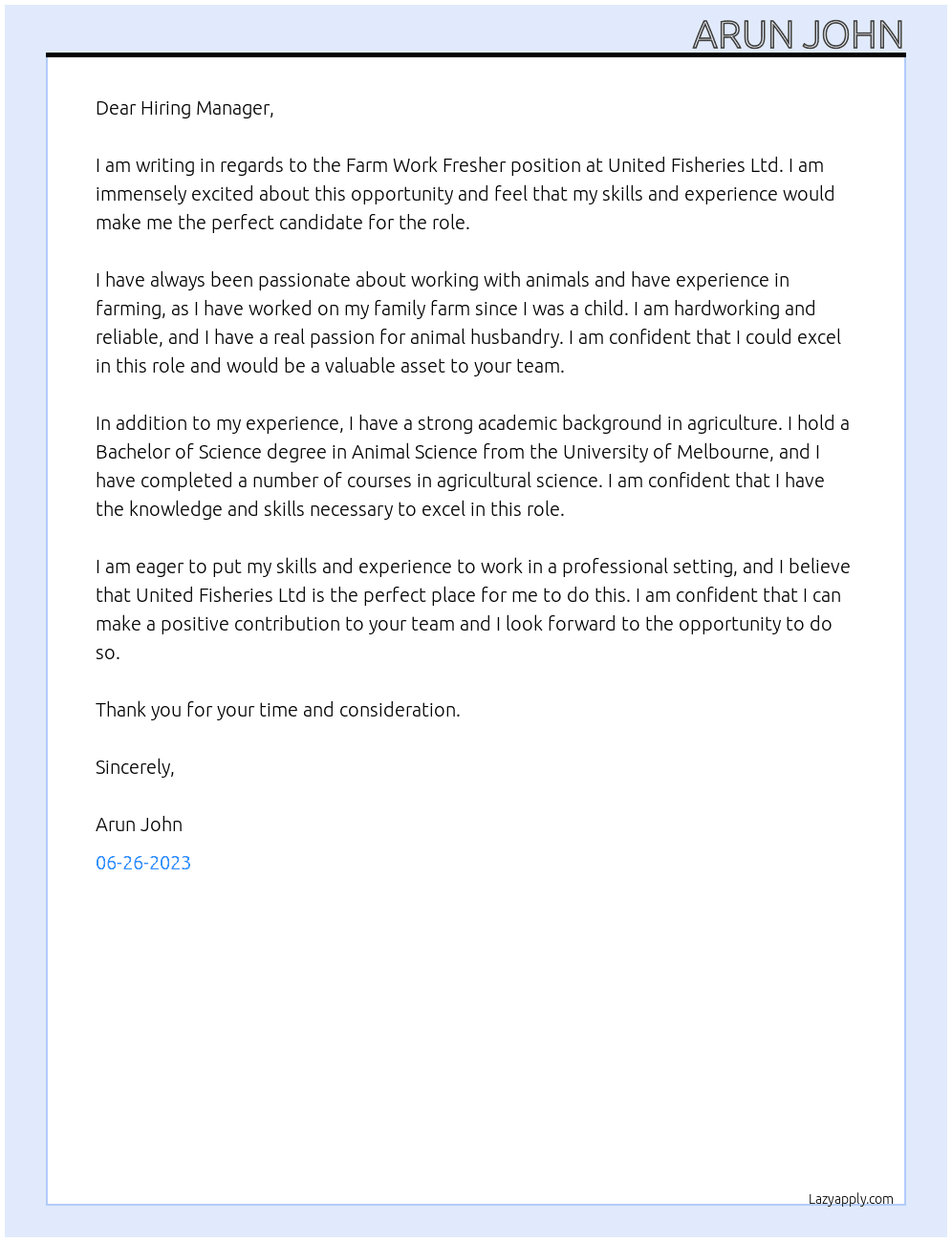 Farm Work Fresher At United Fisheries Ltd Cover Letter