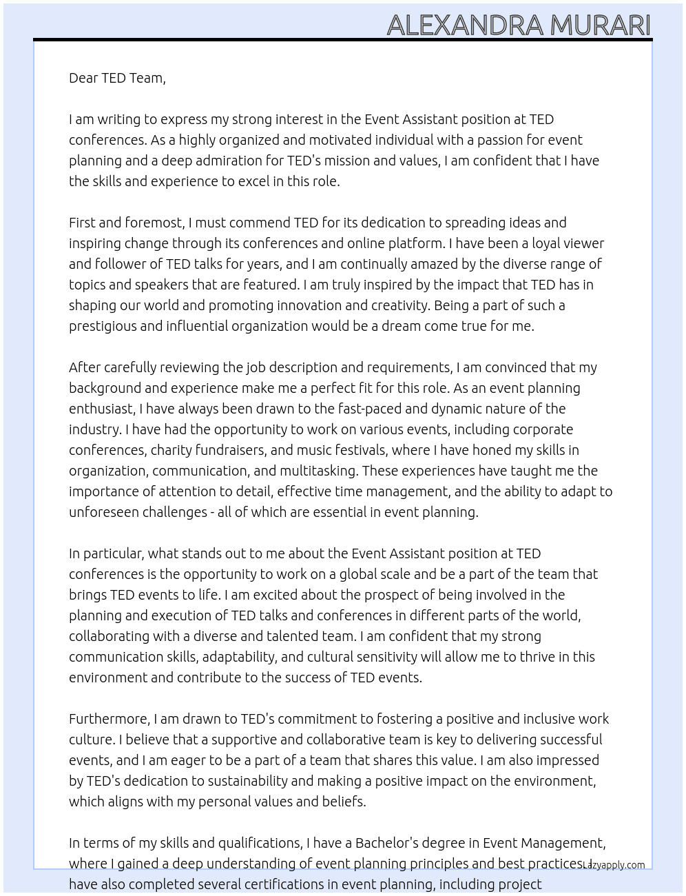 event assistans  At TED conferences  Cover Letter