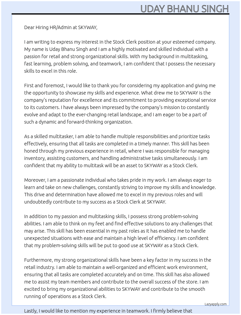 Stock Clerk At SKYWAY Cover Letter