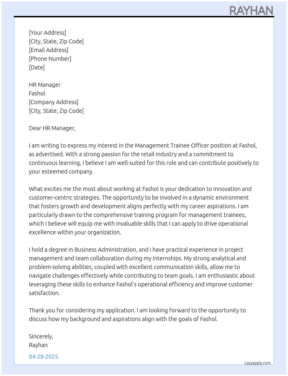 Management Trainee Officer At Fashol Cover Letter