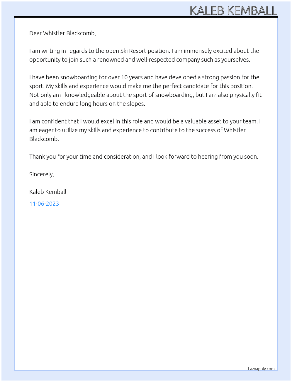 Ski resort At Whistler blackcomb Cover Letter