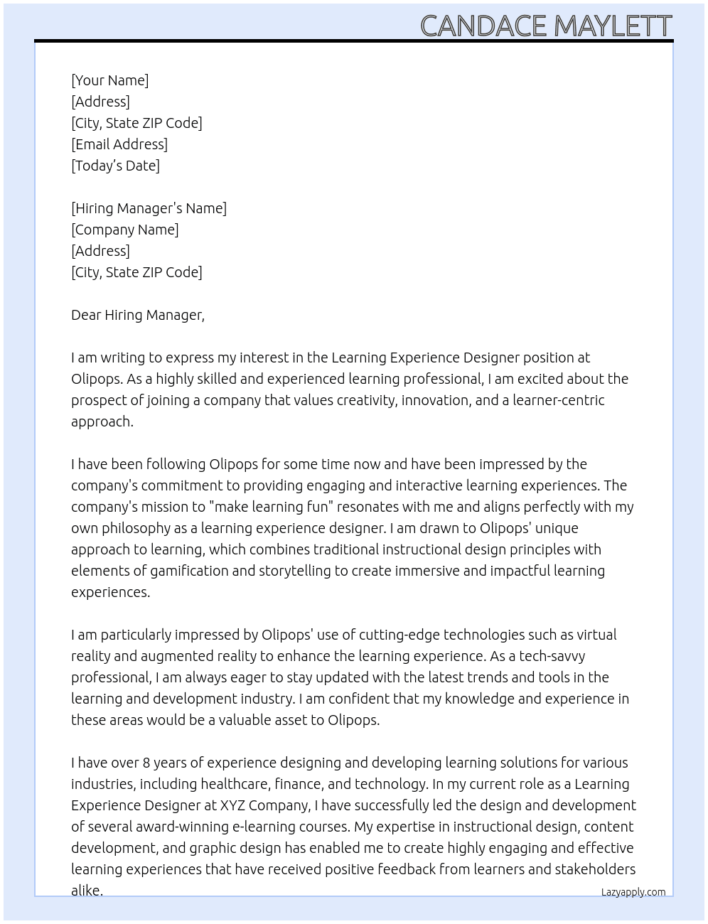 learning experience designer At Olipops Cover Letter