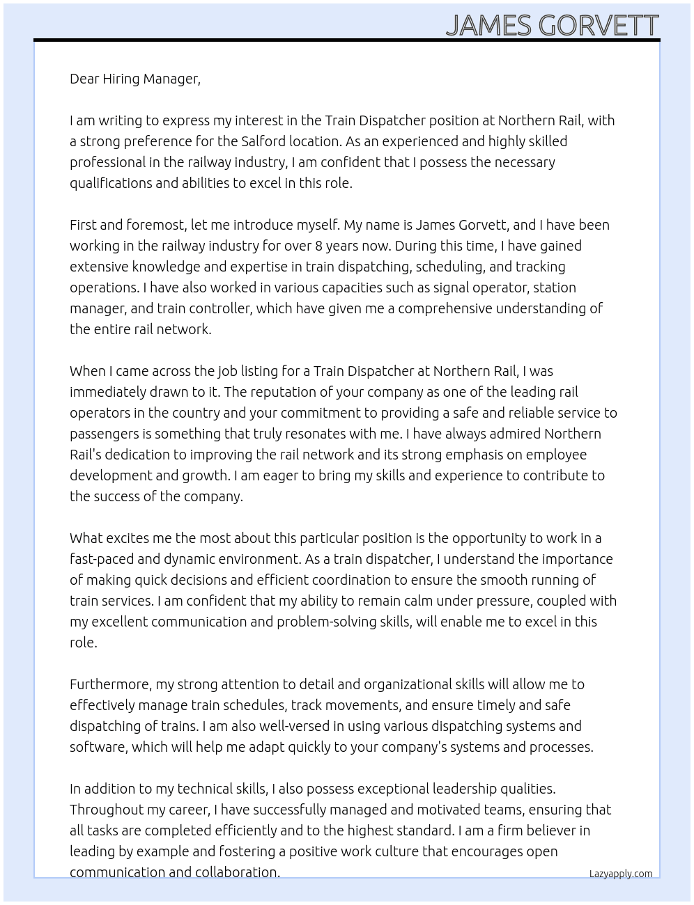 Train dispatcher At Northern Rail Cover Letter