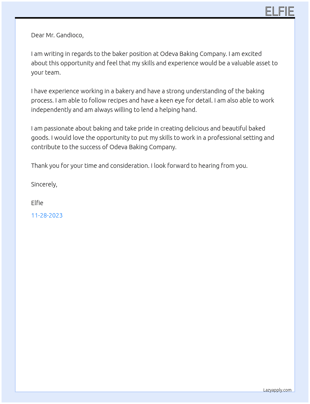 baker At odeva baking company Cover Letter