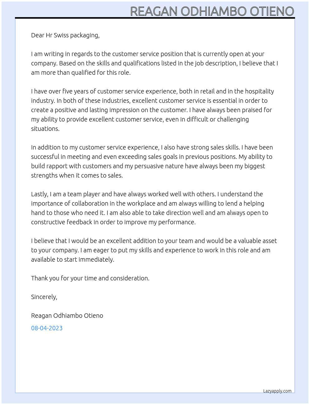 Customer service  At Swiss packaging Cover Letter