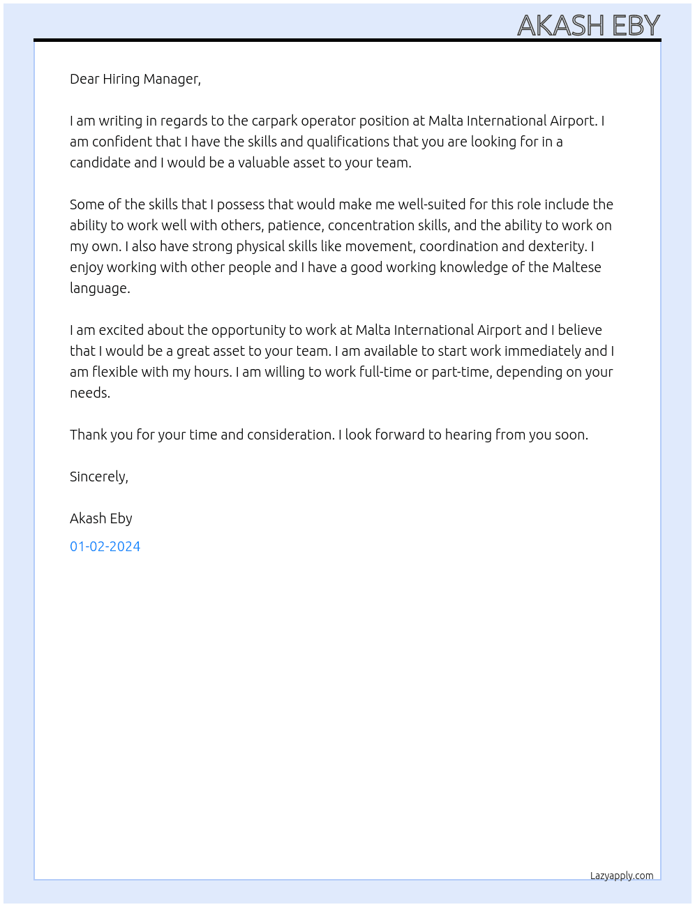 Carpark operator At Malta International Airport Cover Letter