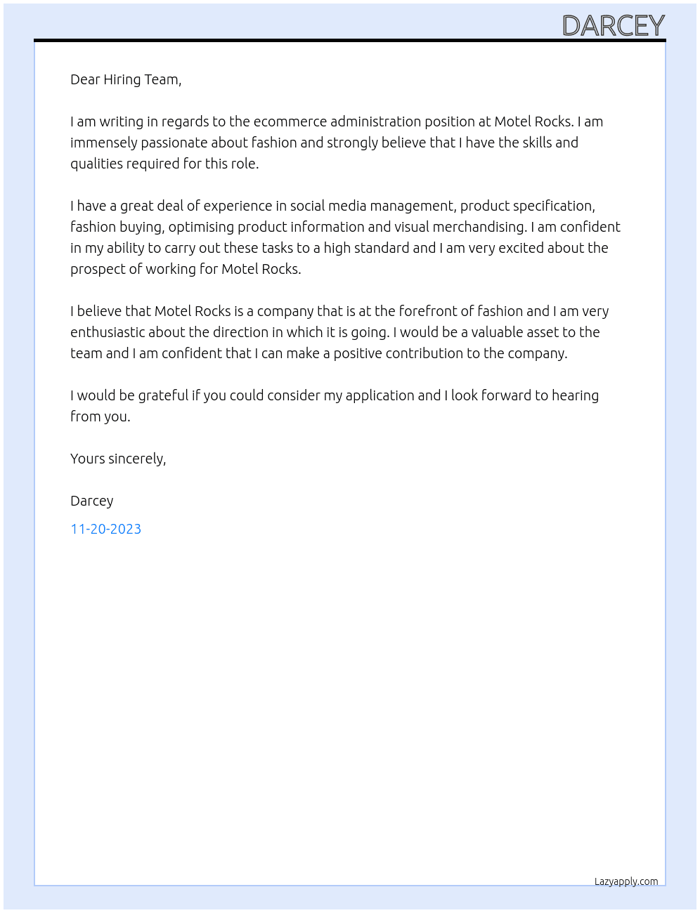 Ecommerce Adminstration At Motel Rocks Cover Letter