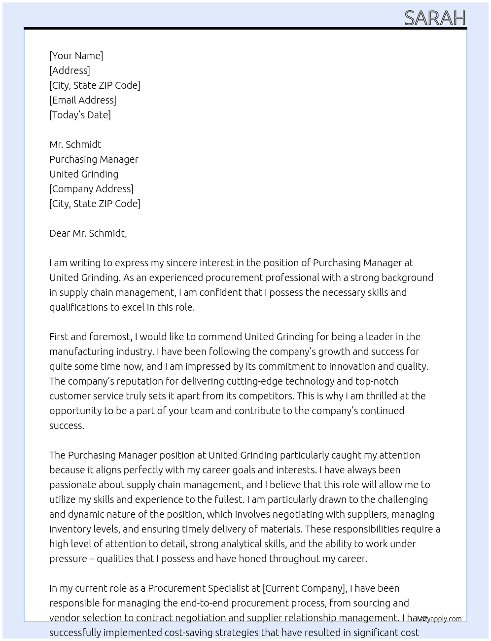 purchasing manager At United Grinding Cover Letter