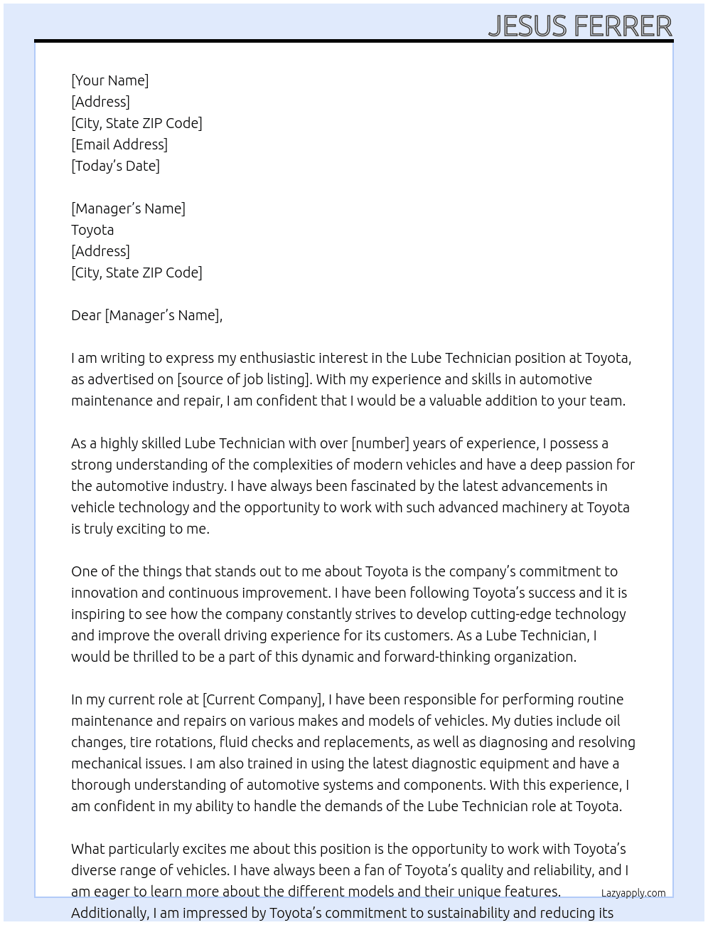 Cover letter for lube technician - LazyApply
