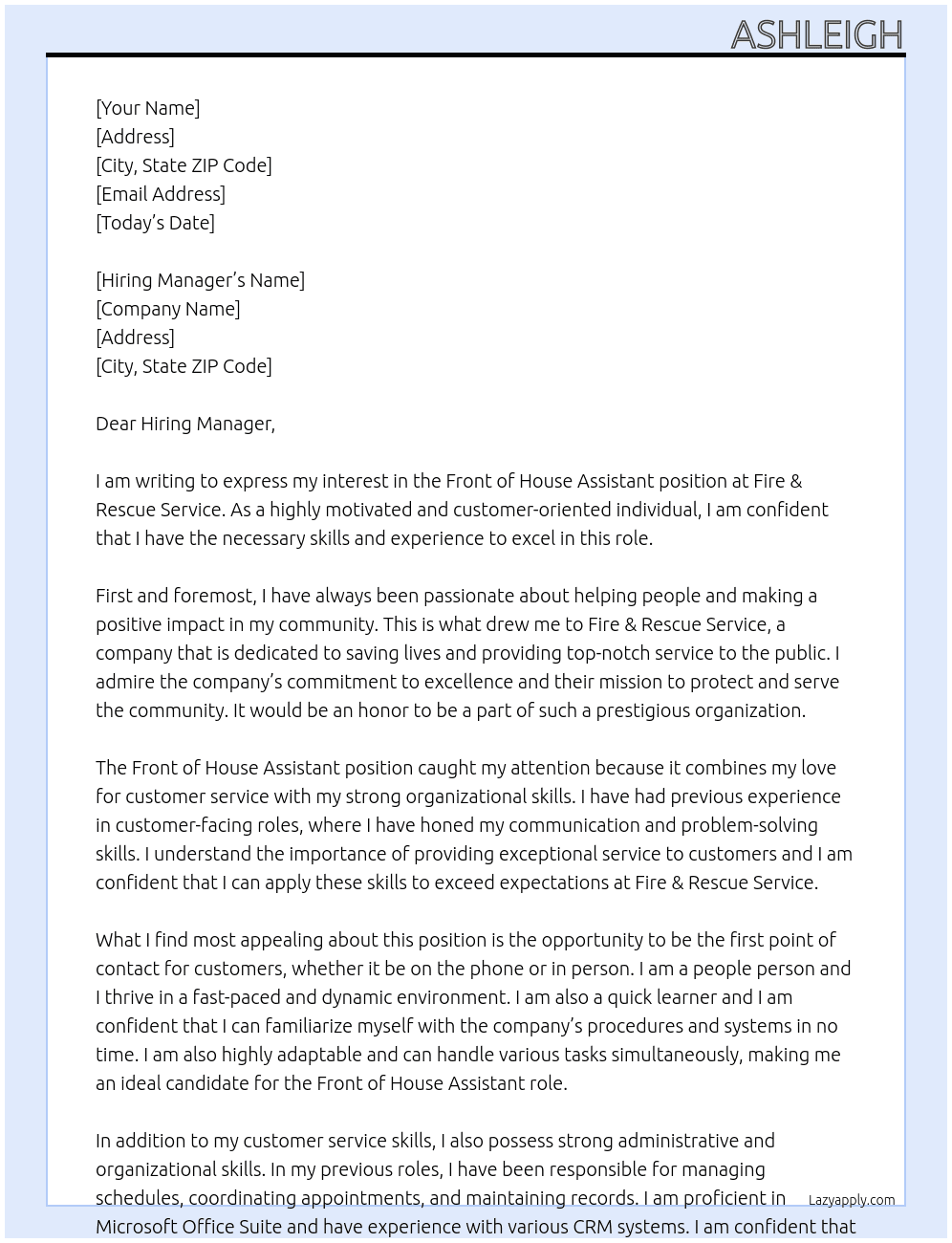 Front of House Assistant At Fire & Rescue Service Cover Letter