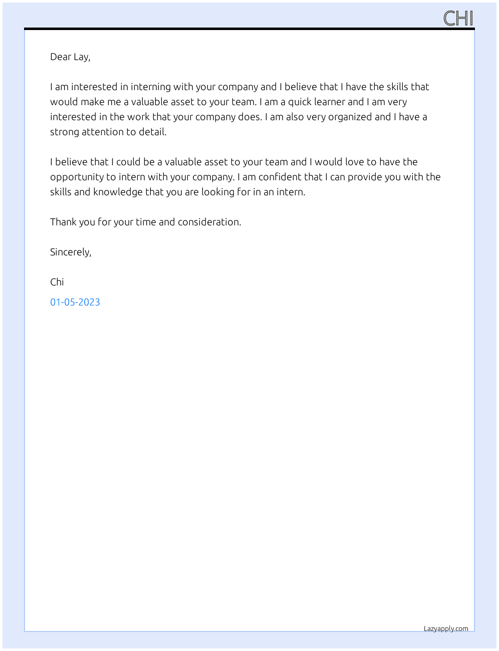 Intenship At Lay Cover Letter