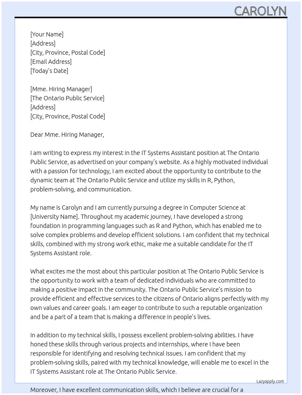 IT Systems Assistant At The Ontario Public Service Cover Letter