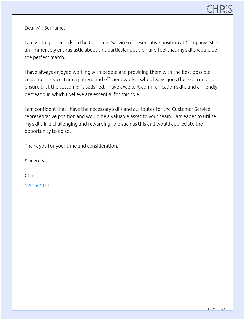 Customer Service representative At CompanyCSR Cover Letter