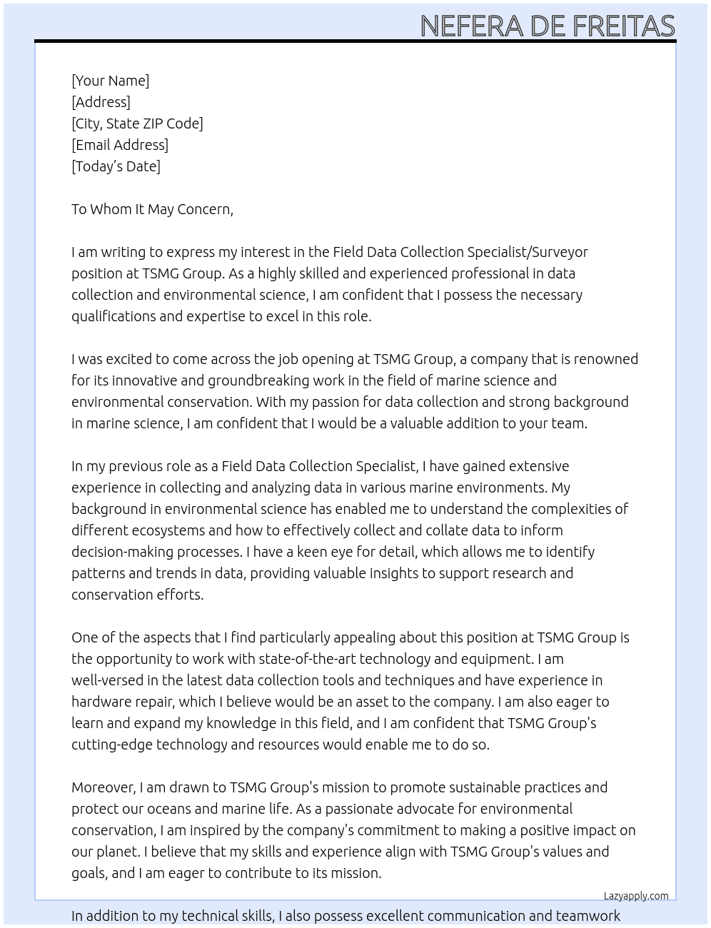 Field Data Collection Specialist\Surveyor At TSMG Group Cover Letter